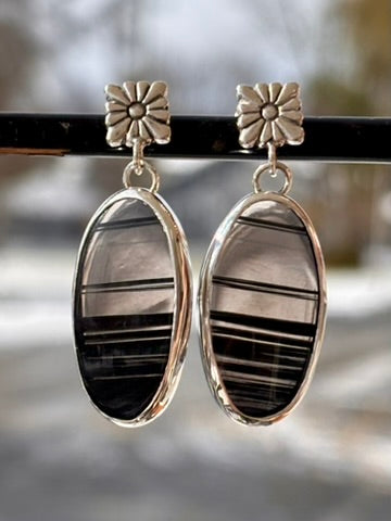 Midnight Obsidian Sterling Silver Earrings | Floral Post Dangles