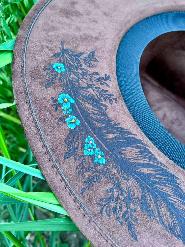 Hand-Embellished Brown Vegan Suede Hat | Turquoise Bands & Feather Hatpin