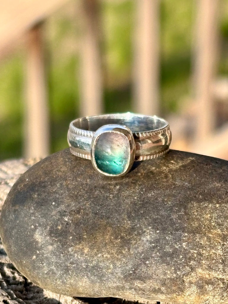 Bicolor Tourmaline Sterling Silver Ring | Detailed Band | Size 7½