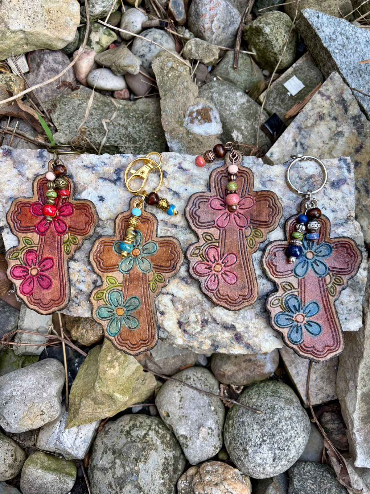Handcrafted Leather Cross Purse Charm | Floral Leather Keychain | Boho Christian Bag Charm