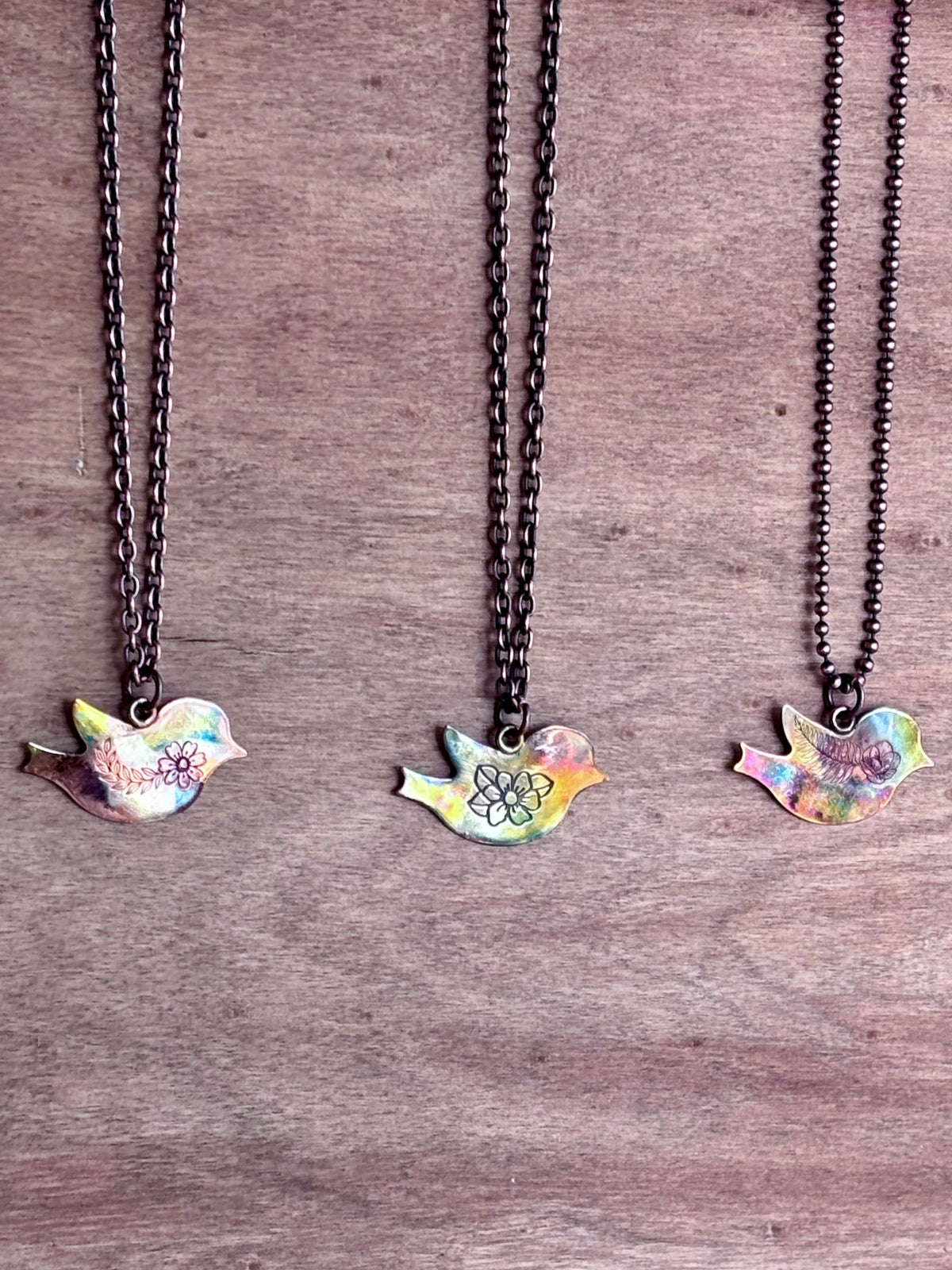 Fire Painted Copper Bird Necklace | Handmade Floral Pendant | Flame Painted