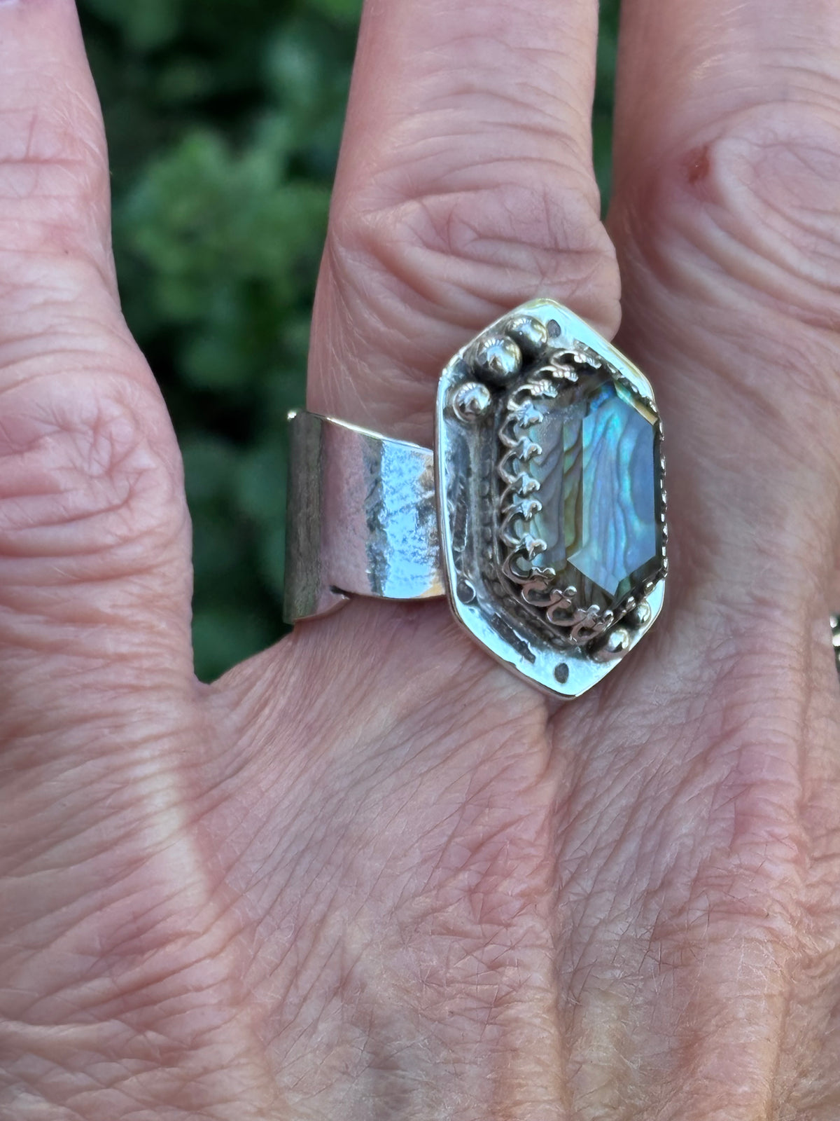Handcrafted Abalone & Himalayan Quartz Doublet Ring | Sterling Silver Feather Band | Size 8.5