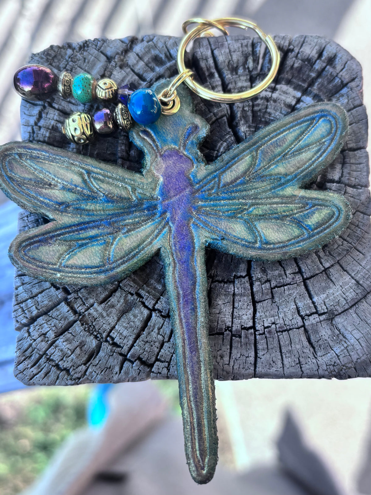 Shimmering Leather Dragonfly Purse Charm | Leather Keychain | Boho Bag Charm