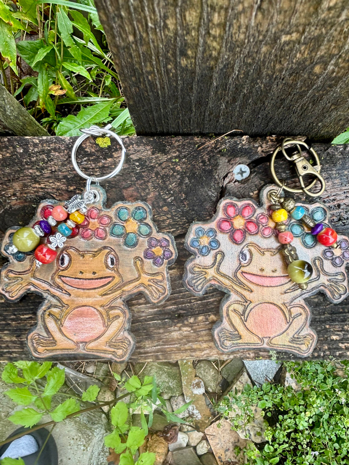 Handcrafted Leather Floral Frog / Toad Purse Charm | Leather Keychain | Boho Bag Charm