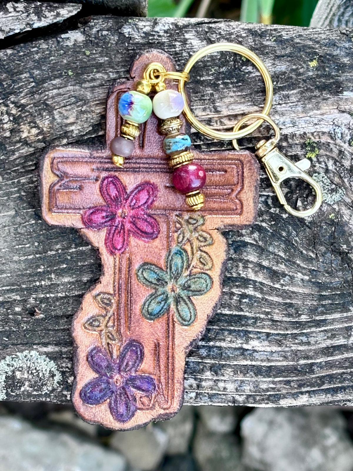 Woodgrain Floral Cross Bag Charm | Handcrafted Leather Keychain