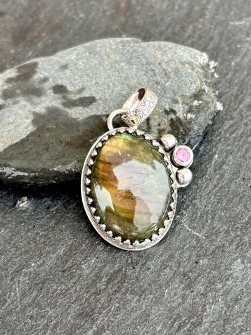 Labradorite Sterling Silver Pendant | Simulated Pink Tourmaline Accent