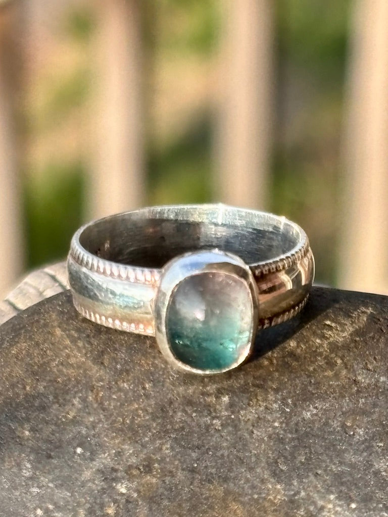 Bicolor Tourmaline Sterling Silver Ring | Detailed Band | Size 7½