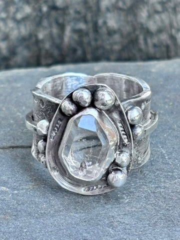 Handcrafted Herkimer Diamond Sterling Silver Ring | Wide Band | Size 7.5