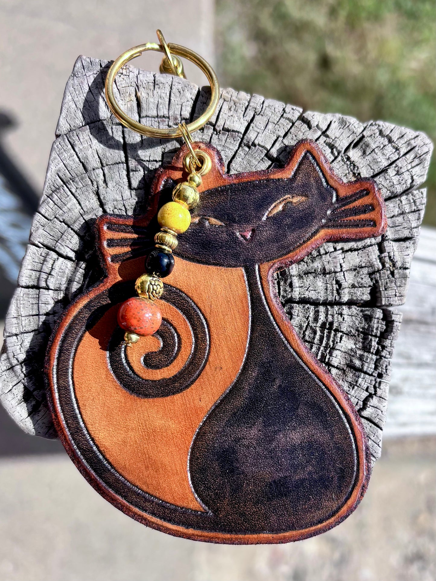 Handcrafted Leather Vintage Black Cat Purse Charm | Cat Leather Keychain | Boho Bag Charm