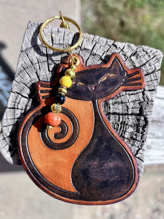 Handcrafted Leather Vintage Black Cat Purse Charm | Cat Leather Keychain | Boho Bag Charm