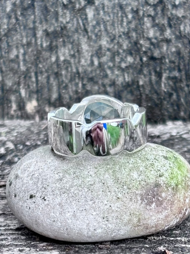 Rose Cut Aquamarine Sterling Silver Ring | Sculpted Band | Size 7¾