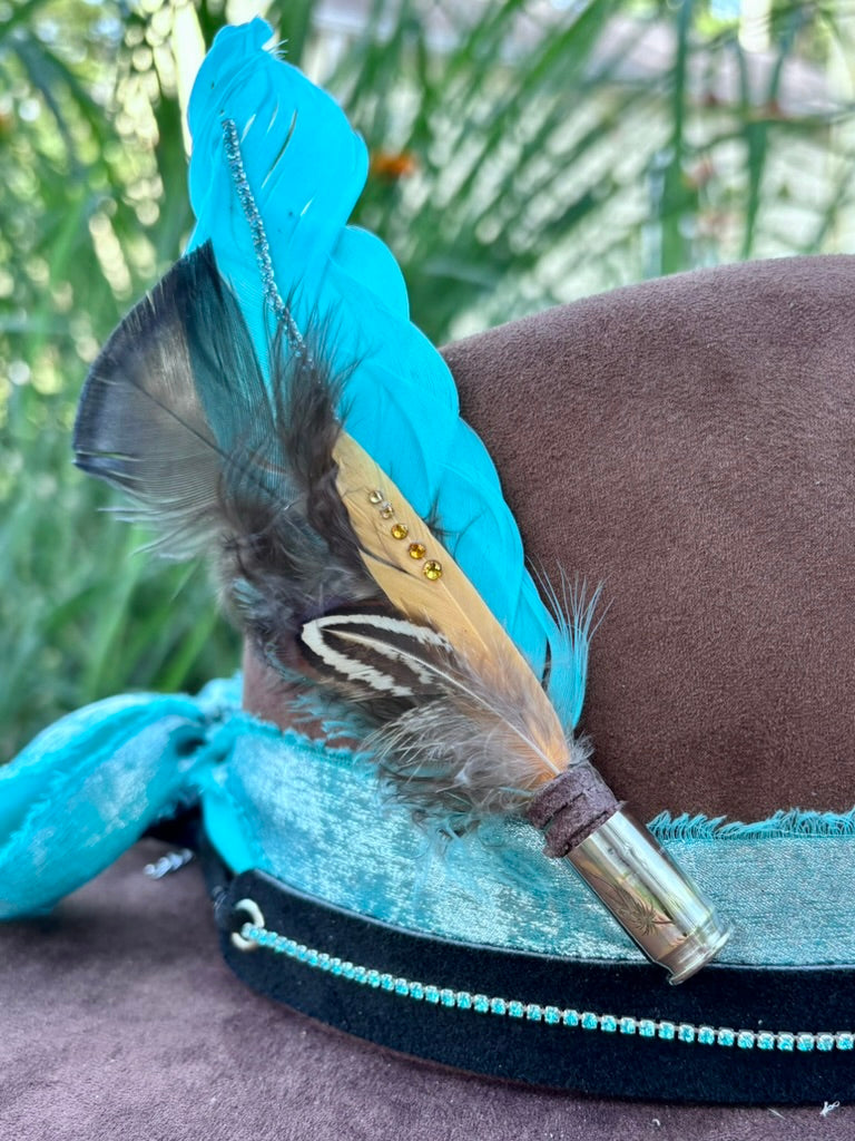 Hand-Embellished Brown Vegan Suede Hat | Turquoise Bands & Feather Hatpin