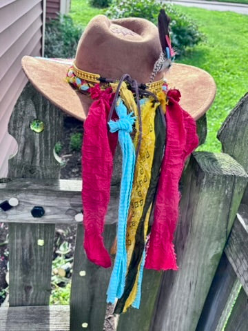 One-of-a-Kind Aztec-Inspired Hat | Sari Fabric & Yellow Leather Bands