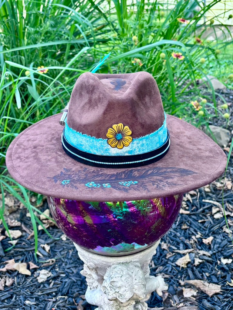 Hand-Embellished Brown Vegan Suede Hat | Turquoise Bands & Feather Hatpin