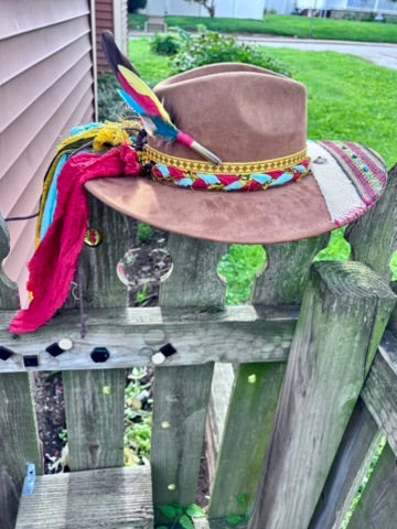One-of-a-Kind Aztec-Inspired Hat | Sari Fabric & Yellow Leather Bands
