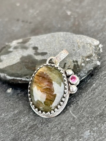 Labradorite Sterling Silver Pendant | Simulated Pink Tourmaline Accent
