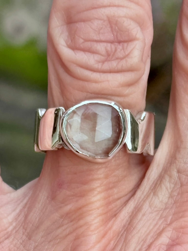 Rose Cut Aquamarine Sterling Silver Ring | Sculpted Band | Size 7¾