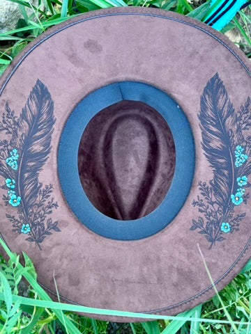 Hand-Embellished Brown Vegan Suede Hat | Turquoise Bands & Feather Hatpin