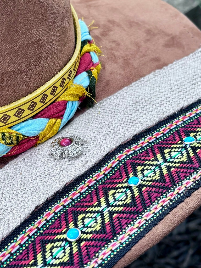 One-of-a-Kind Aztec-Inspired Hat | Sari Fabric & Yellow Leather Bands
