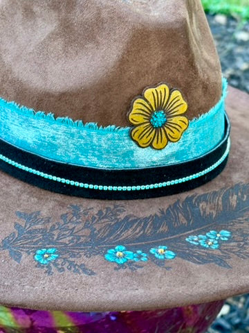 Hand-Embellished Brown Vegan Suede Hat | Turquoise Bands & Feather Hatpin