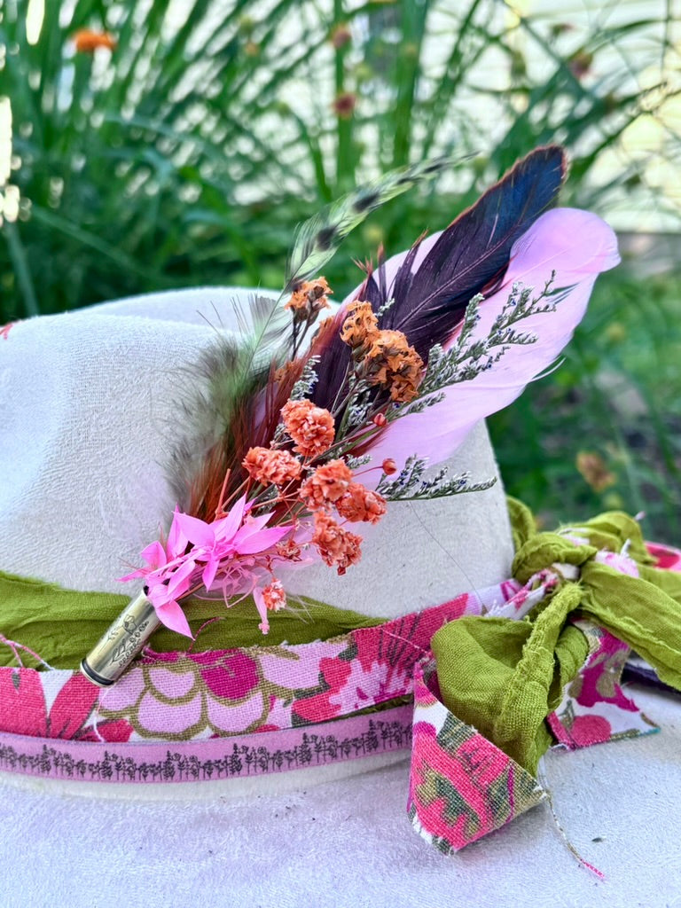Hand-Embellished Cream Wildflower Hat | Vintage Floral & Recycled Sari Bands