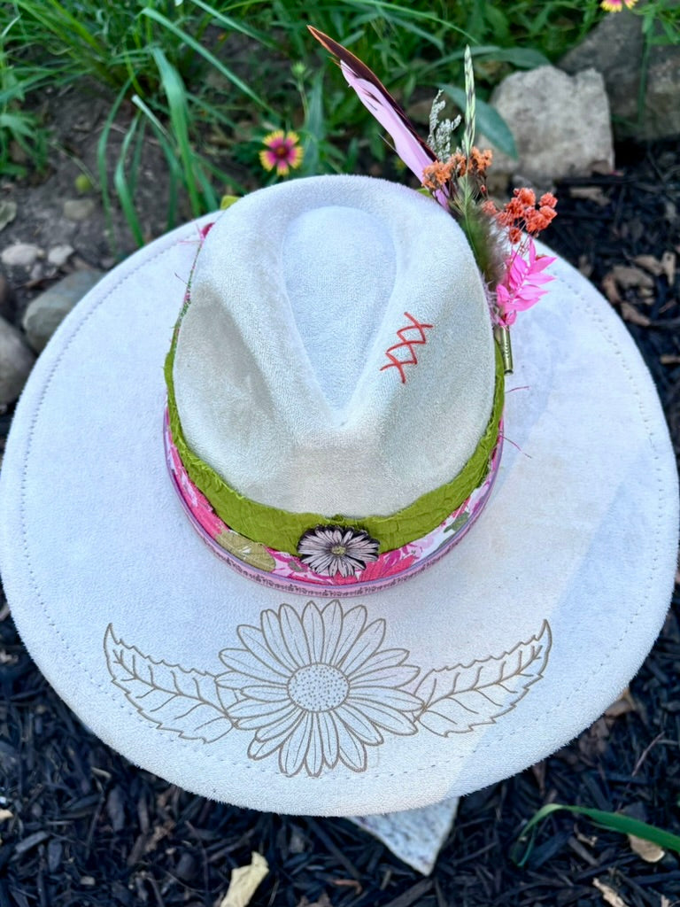 Hand-Embellished Cream Wildflower Hat | Vintage Floral & Recycled Sari Bands