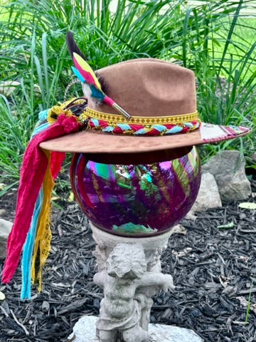 One-of-a-Kind Aztec-Inspired Hat | Sari Fabric & Yellow Leather Bands