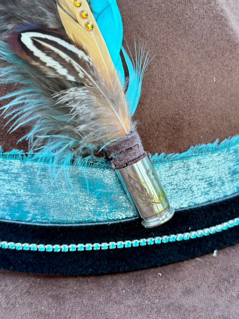 Hand-Embellished Brown Vegan Suede Hat | Turquoise Bands & Feather Hatpin