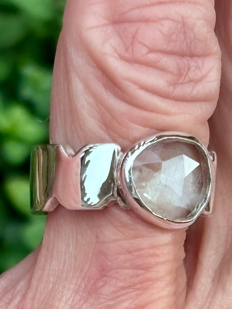 Rose Cut Aquamarine Sterling Silver Ring | Sculpted Band | Size 7¾