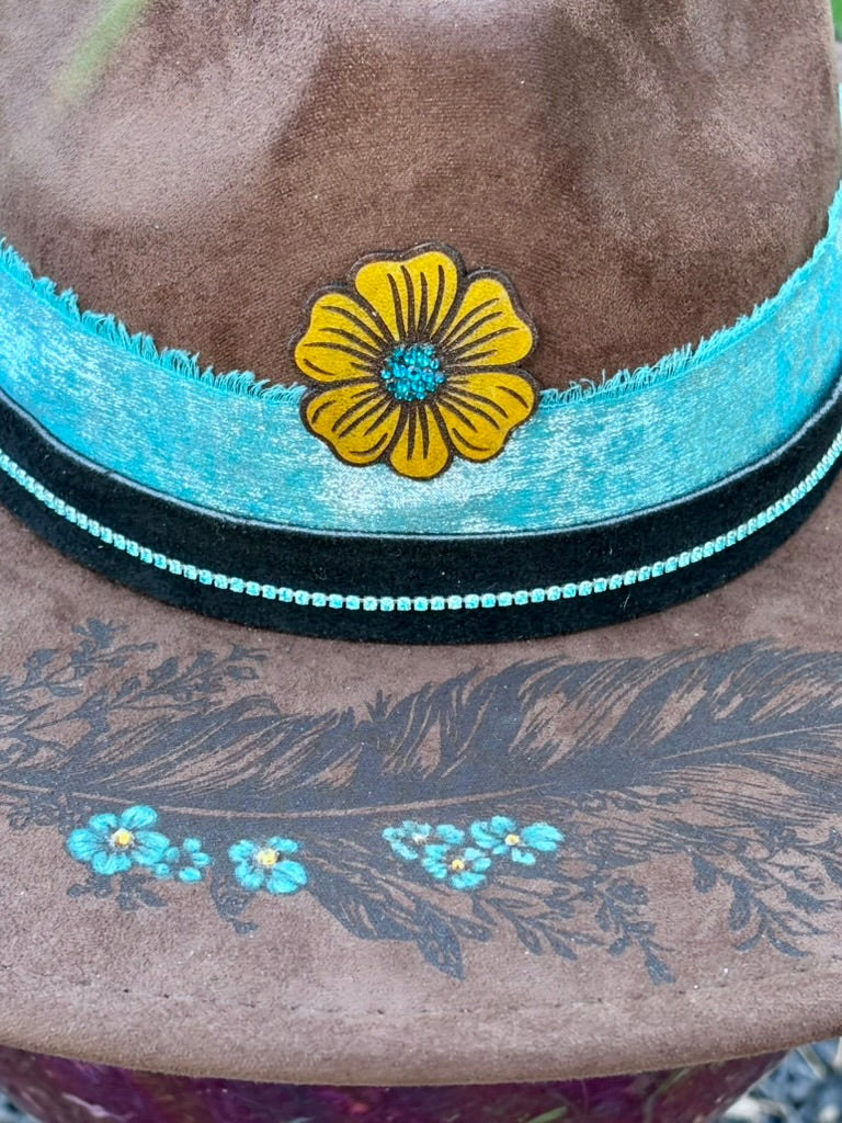 Hand-Embellished Brown Vegan Suede Hat | Turquoise Bands & Feather Hatpin