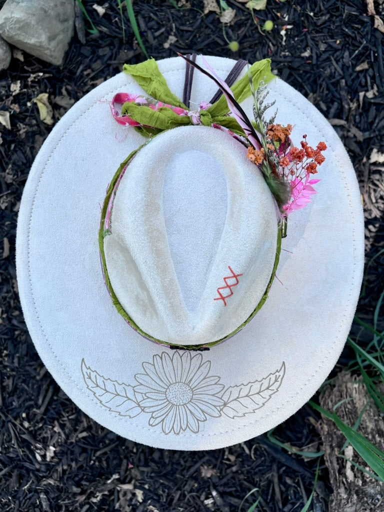Hand-Embellished Cream Wildflower Hat | Vintage Floral & Recycled Sari Bands