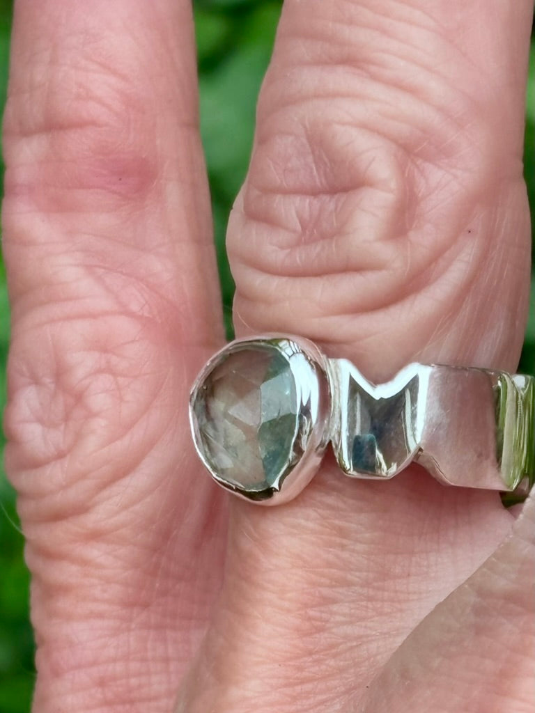 Rose Cut Aquamarine Sterling Silver Ring | Sculpted Band | Size 7¾