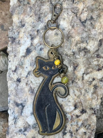 Handcrafted Leather Vintage Black Cat Purse Charm | Cat Leather Keychain | Boho Bag Charm