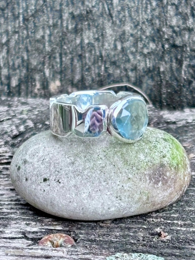 Rose Cut Aquamarine Sterling Silver Ring | Sculpted Band | Size 7¾