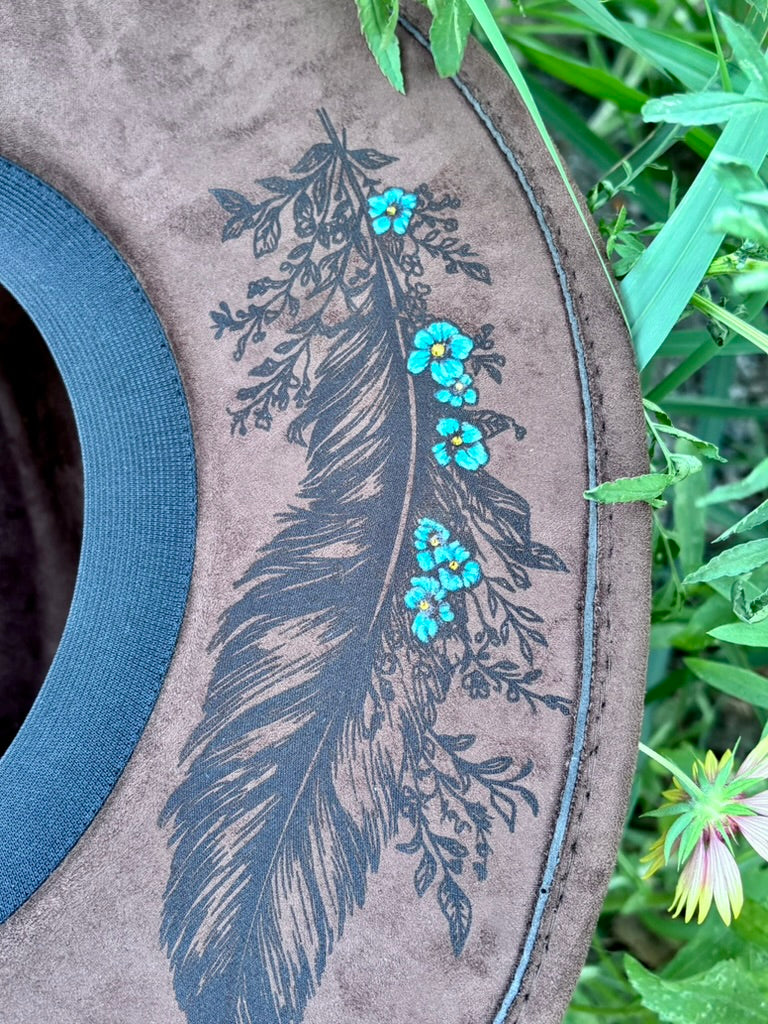 Hand-Embellished Brown Vegan Suede Hat | Turquoise Bands & Feather Hatpin
