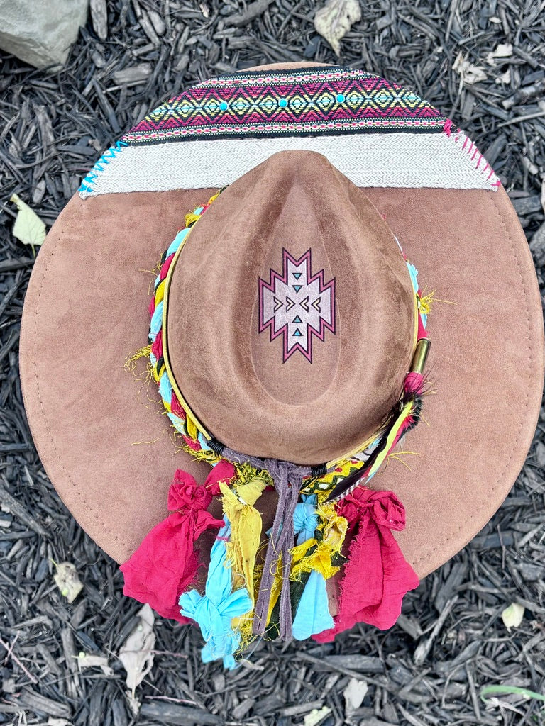 One-of-a-Kind Aztec-Inspired Hat | Sari Fabric & Yellow Leather Bands