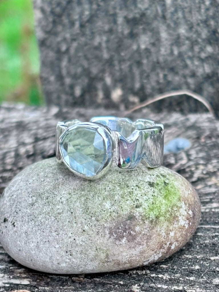 Rose Cut Aquamarine Sterling Silver Ring | Sculpted Band | Size 7¾