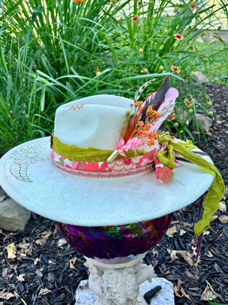 Hand-Embellished Cream Wildflower Hat | Vintage Floral & Recycled Sari Bands