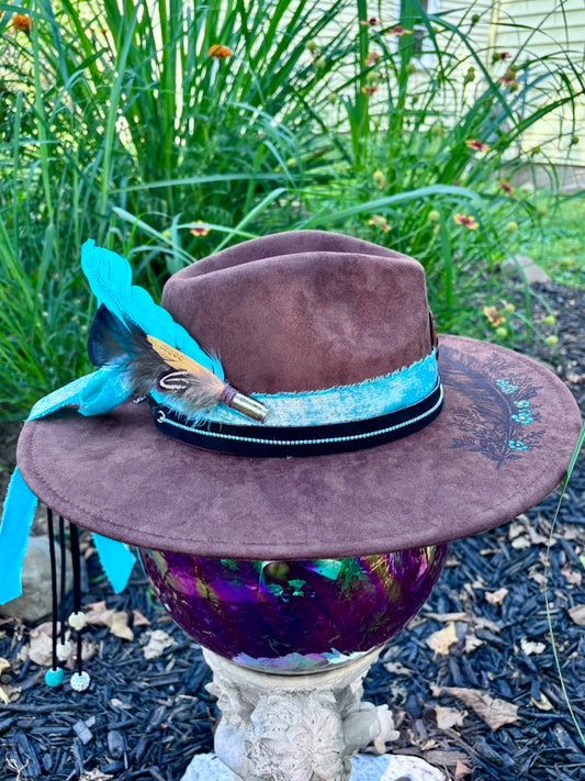 Hand-Embellished Brown Vegan Suede Hat | Turquoise Bands & Feather Hatpin