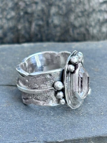 Handcrafted Herkimer Diamond Sterling Silver Ring | Wide Band | Size 7.5