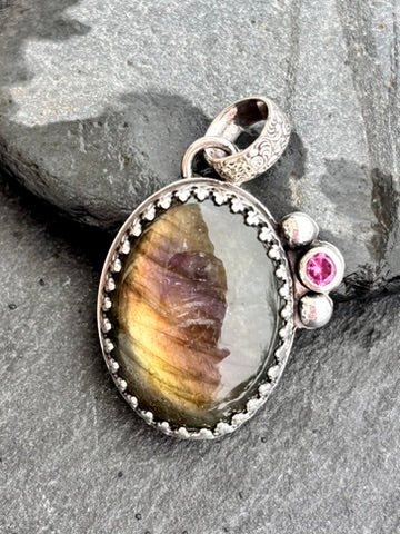 Labradorite Sterling Silver Pendant | Simulated Pink Tourmaline Accent