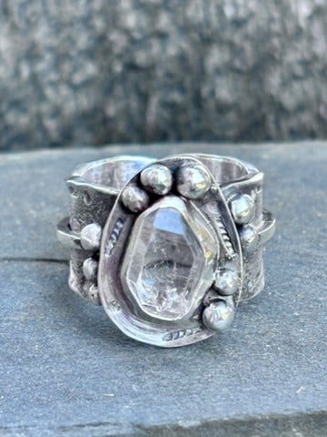 Handcrafted Herkimer Diamond Sterling Silver Ring | Wide Band | Size 7.5