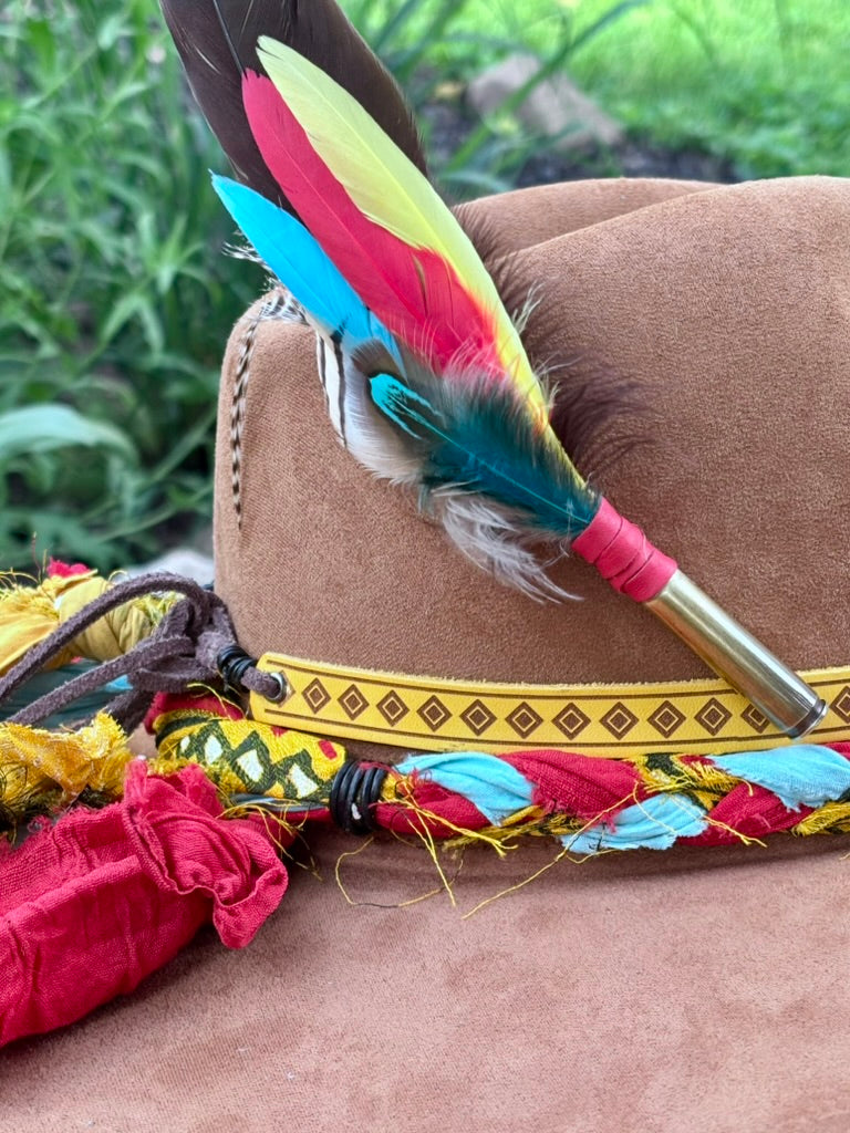 One-of-a-Kind Aztec-Inspired Hat | Sari Fabric & Yellow Leather Bands