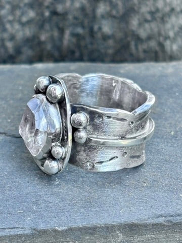Handcrafted Herkimer Diamond Sterling Silver Ring | Wide Band | Size 7.5