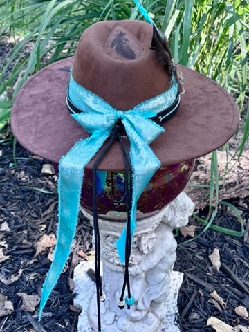Hand-Embellished Brown Vegan Suede Hat | Turquoise Bands & Feather Hatpin