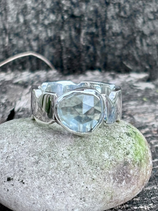 Rose Cut Aquamarine Sterling Silver Ring | Sculpted Band | Size 7¾