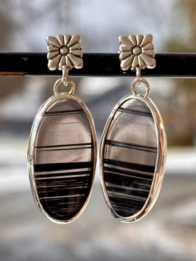 Midnight Obsidian Sterling Silver Earrings | Floral Post Dangles