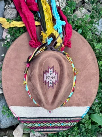 One-of-a-Kind Aztec-Inspired Hat | Sari Fabric & Yellow Leather Bands