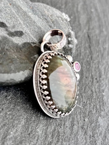 Labradorite Sterling Silver Pendant | Simulated Pink Tourmaline Accent