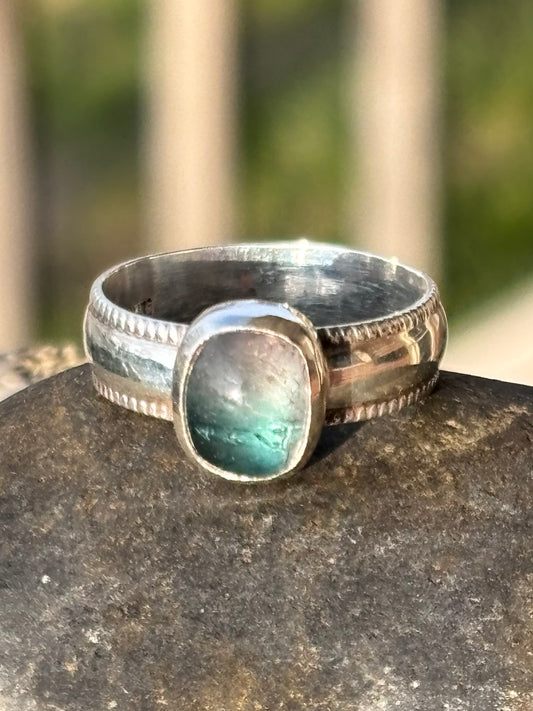 Bicolor Tourmaline Sterling Silver Ring | Detailed Band | Size 7½